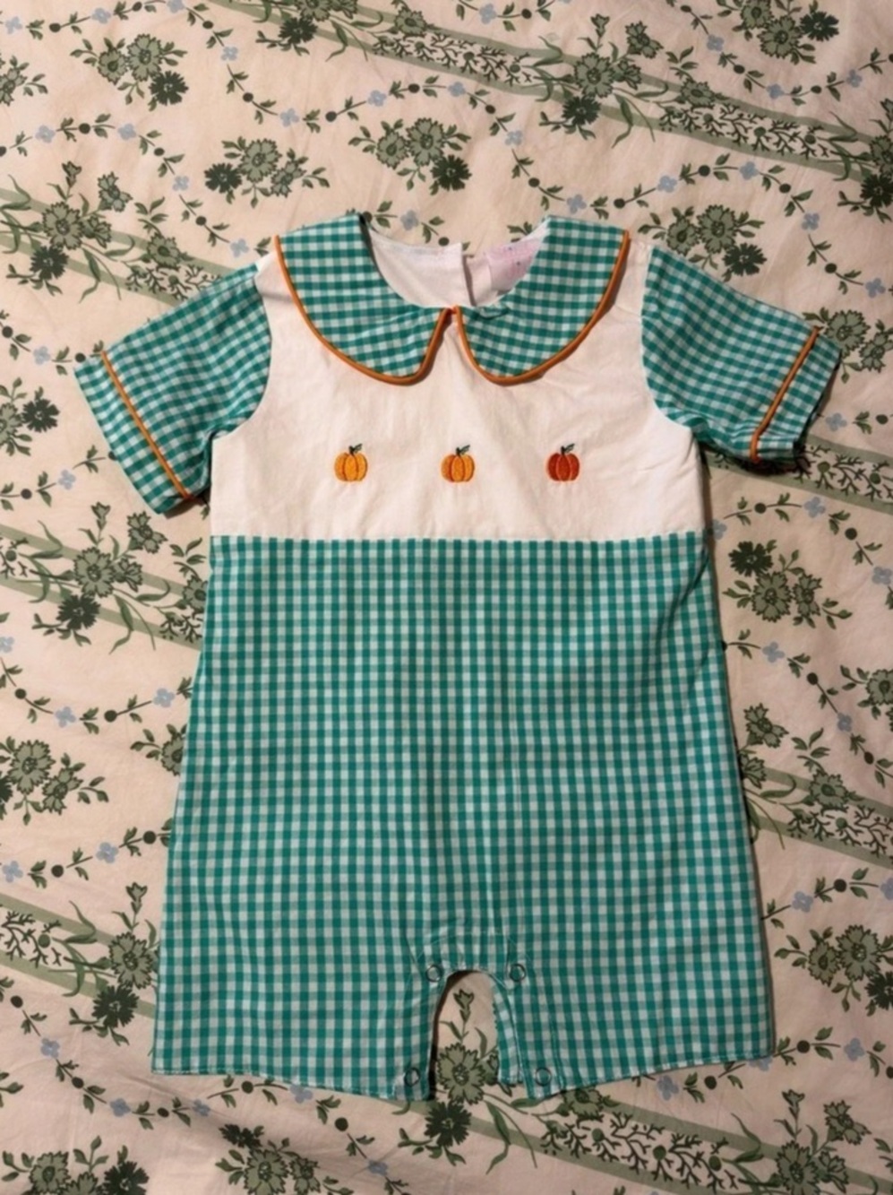 Stitchy Fish Pumpkin Embroidered Boys Romper, Green Teal Gingham 18 month